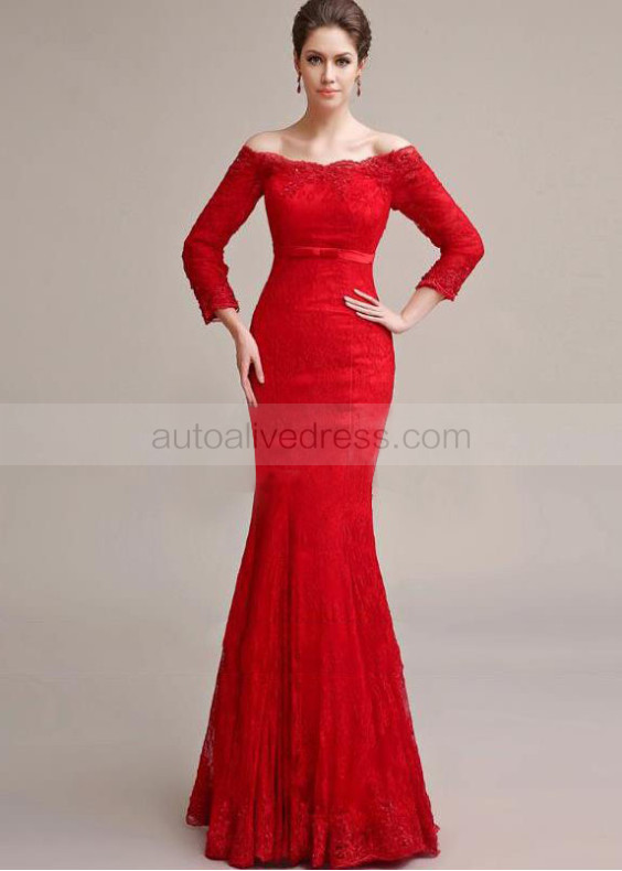 Off Shoulder Red Lace Tulle Corset Back Formal Evening Dress